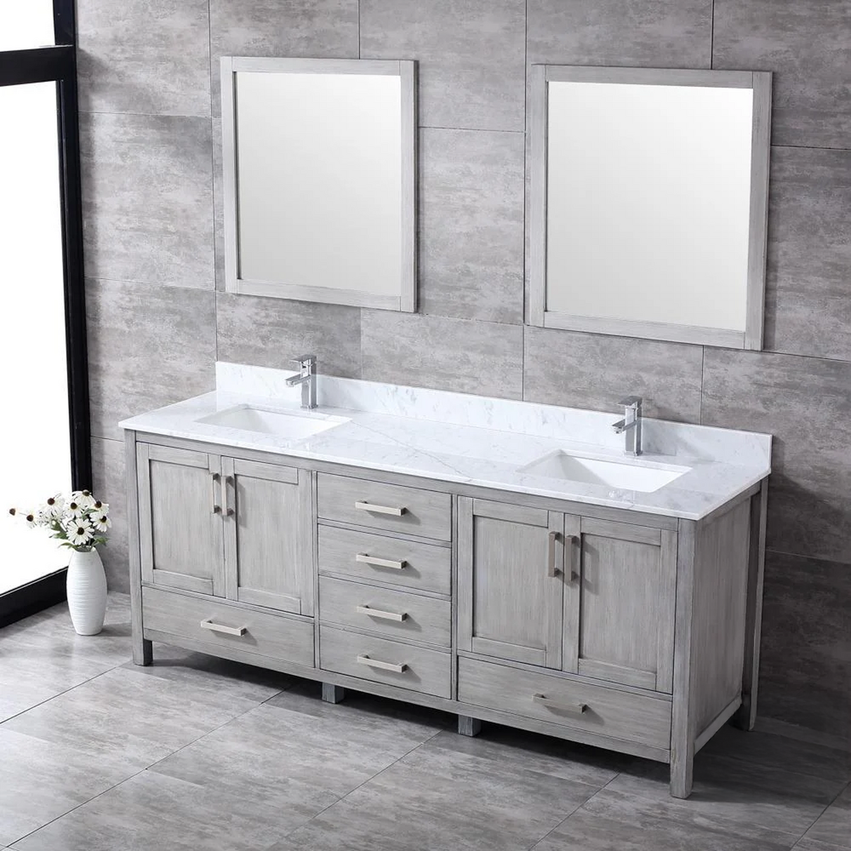 Jacques Distressed Grey Freestanding Bathroom Vanity with White Carrara Marble Top, White Square Sink