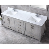 Jacques 80 In. Freestanding Distressed Grey Bathroom Vanity With Double Undermount Ceramic Sink, White Carrara Marble Top