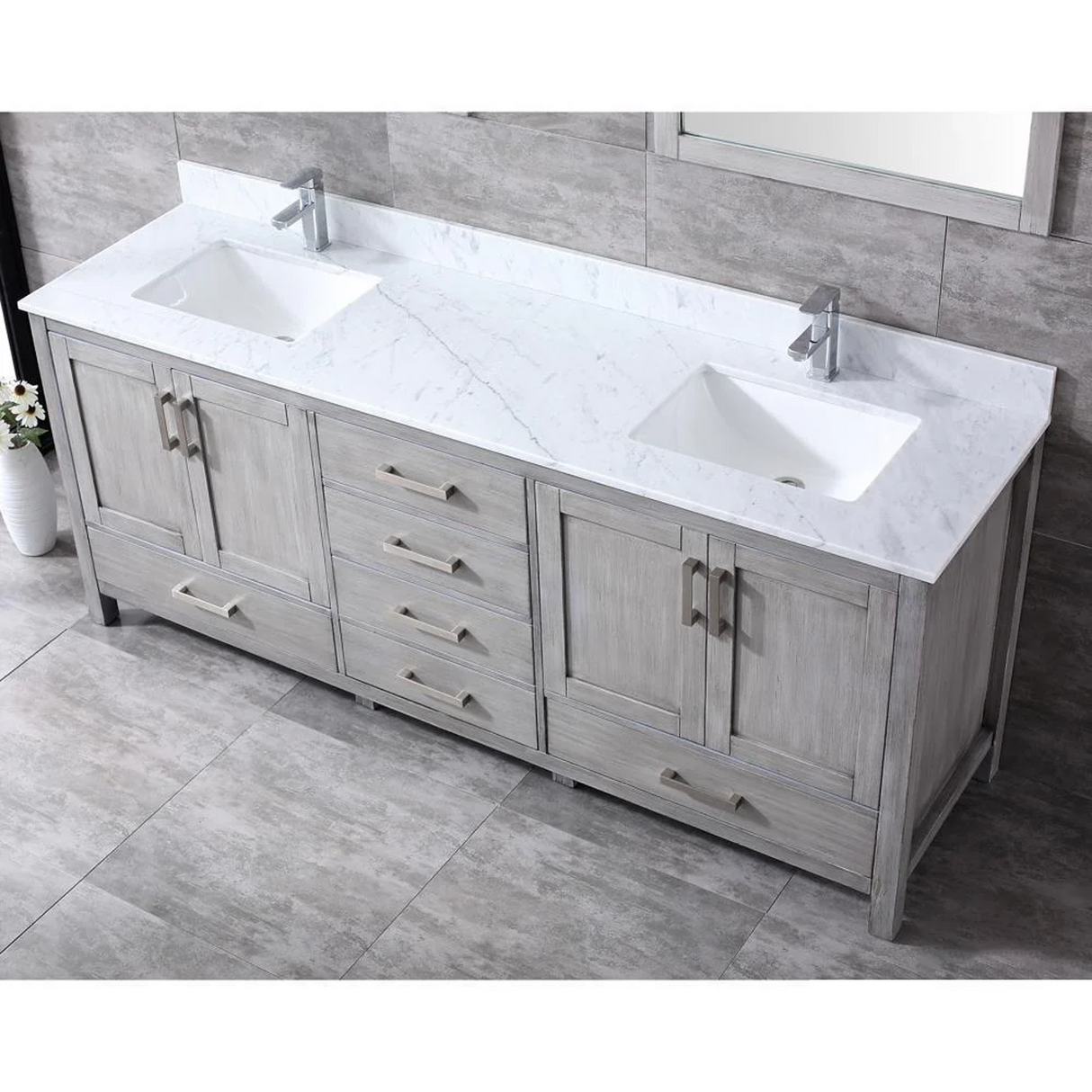 Jacques Distressed Grey Freestanding Bathroom Vanity with White Carrara Marble Top, White Square Sink