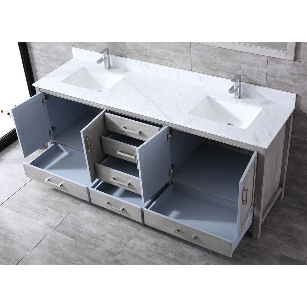 Jacques 80 In. Freestanding Distressed Grey Bathroom Vanity With Double Undermount Ceramic Sink, White Carrara Marble Top