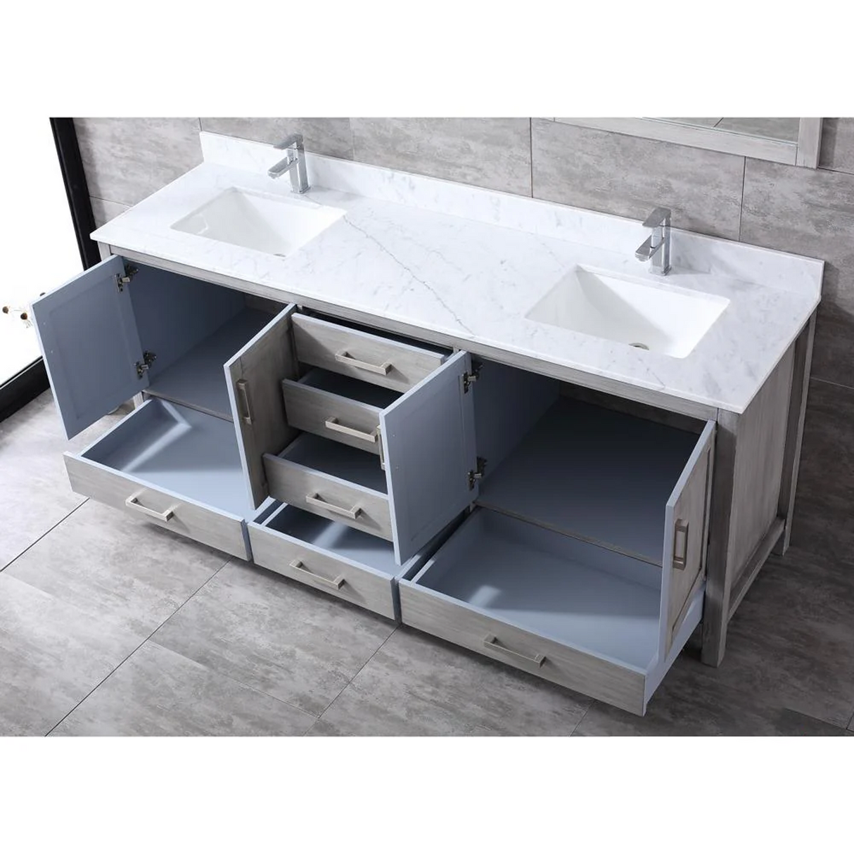 Jacques Distressed Grey Freestanding Bathroom Vanity with White Carrara Marble Top, White Square Sink