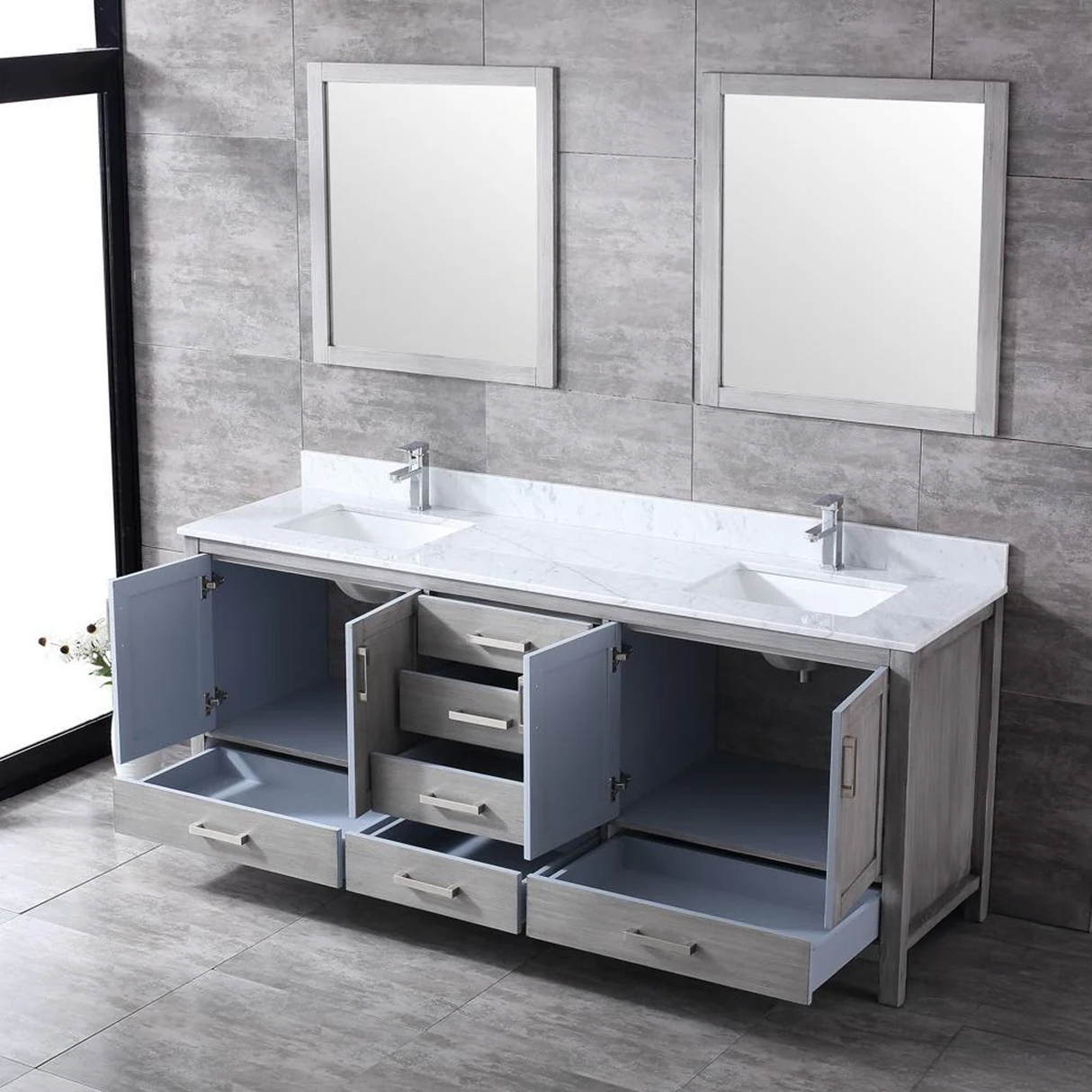 Jacques 80 In. Freestanding Distressed Grey Bathroom Vanity With Double Undermount Ceramic Sink, White Carrara Marble Top