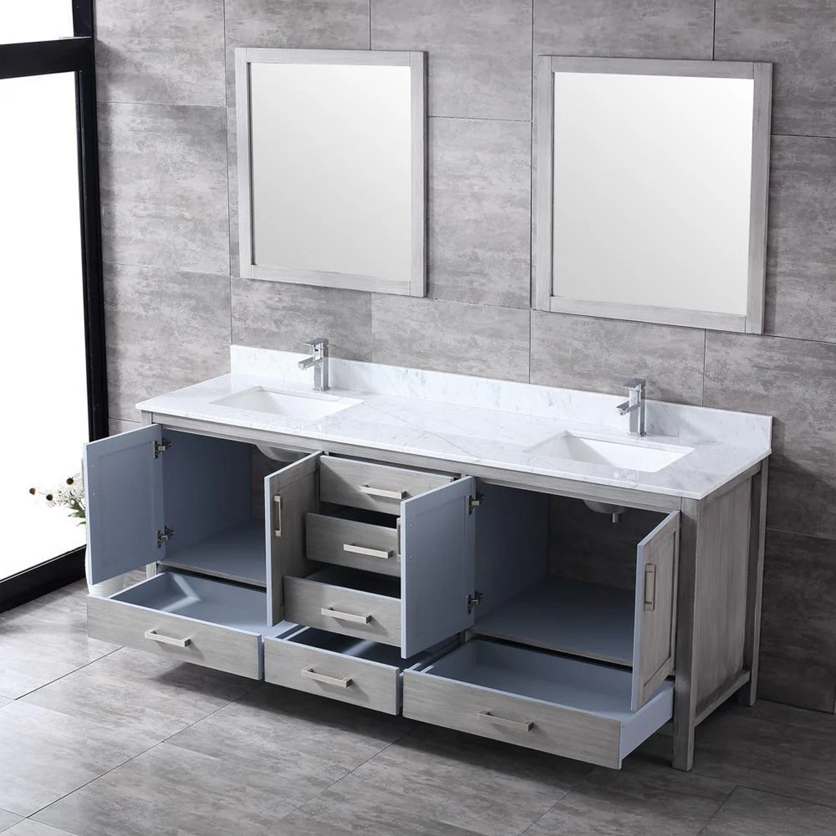 Jacques Distressed Grey Freestanding Bathroom Vanity with White Carrara Marble Top, White Square Sink