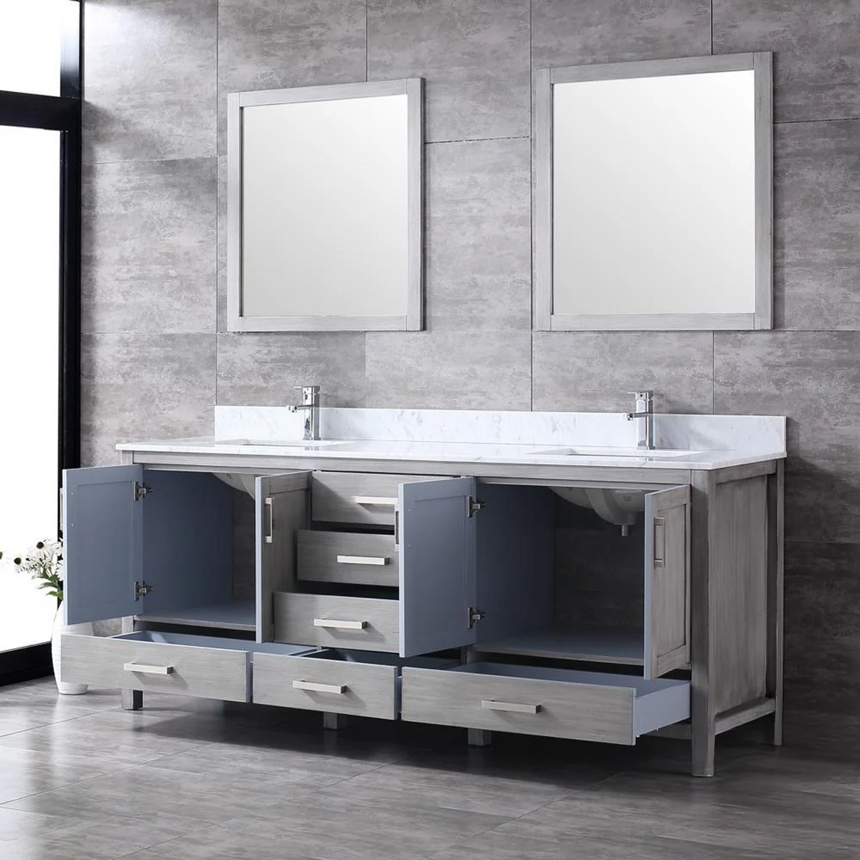 Jacques 80 In. Freestanding Distressed Grey Bathroom Vanity With Double Undermount Ceramic Sink, White Carrara Marble Top