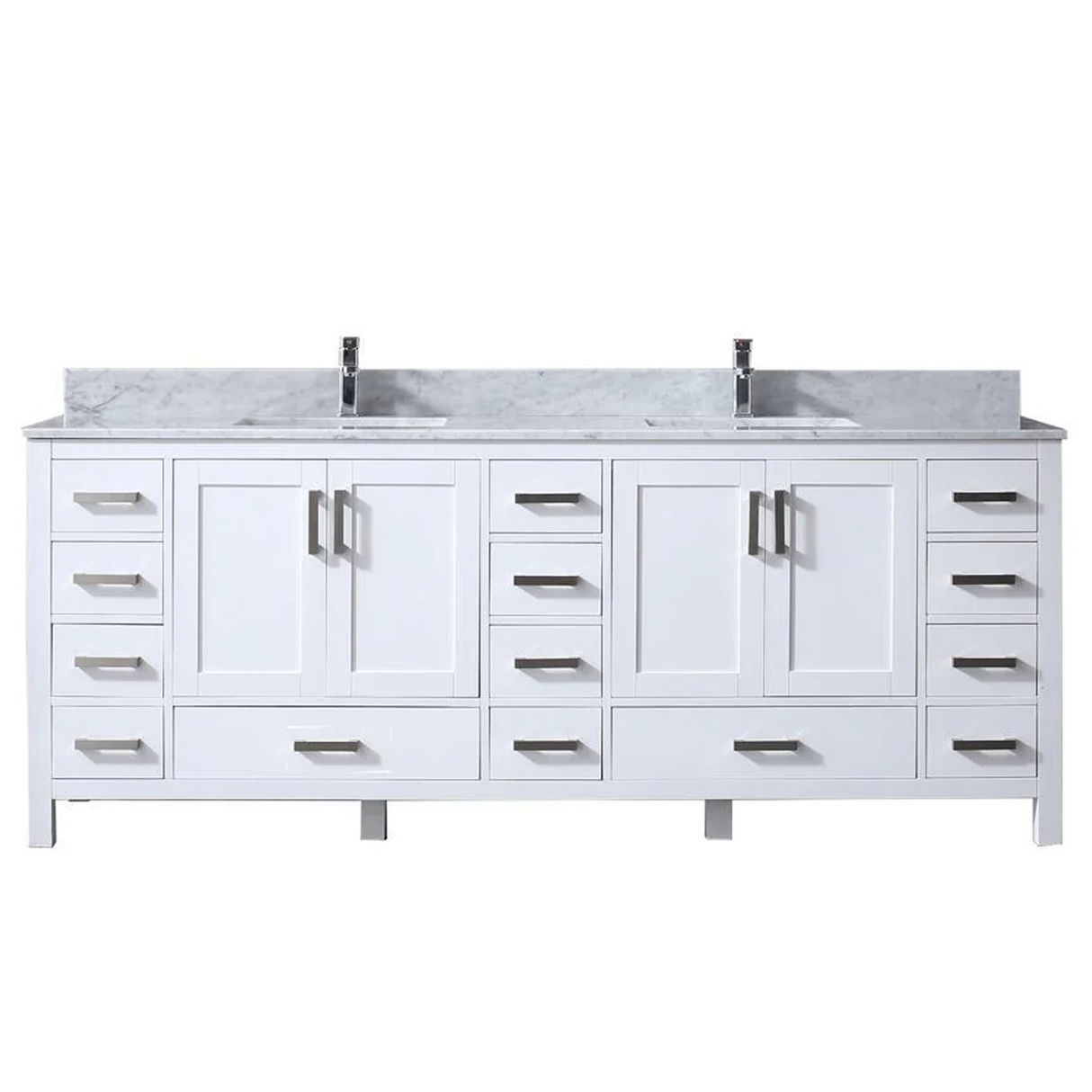 Jacques 84 In. Freestanding White Bathroom Vanity With Double Undermount Ceramic Sink, White Carrara Marble Top