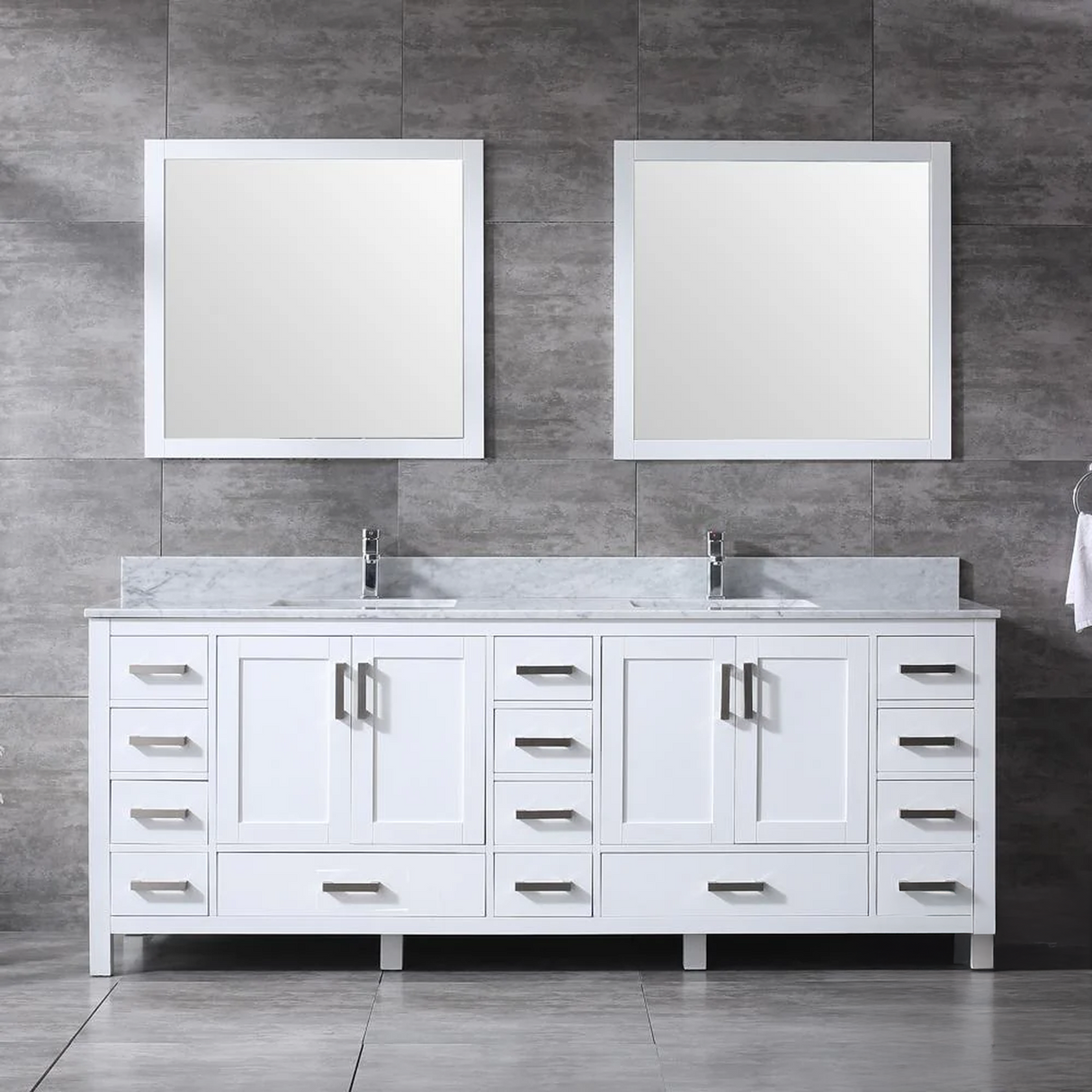 Jacques 84 In. Freestanding White Bathroom Vanity With Double Undermount Ceramic Sink, White Carrara Marble Top