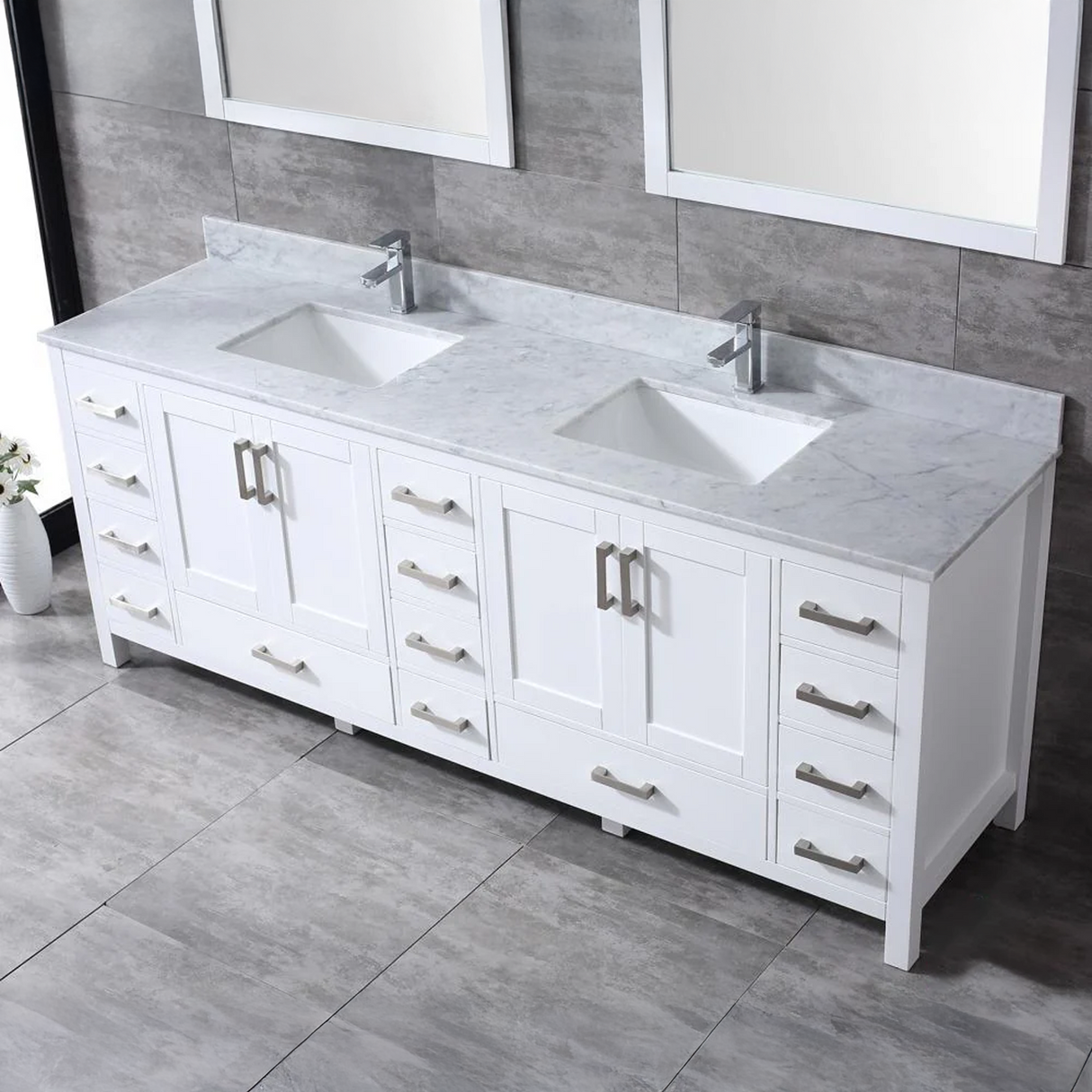 Jacques 84 In. Freestanding White Bathroom Vanity With Double Undermount Ceramic Sink, White Carrara Marble Top