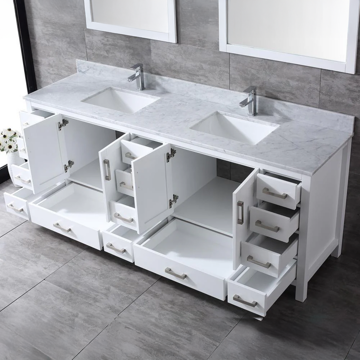 Jacques 84 In. Freestanding White Bathroom Vanity With Double Undermount Ceramic Sink, White Carrara Marble Top