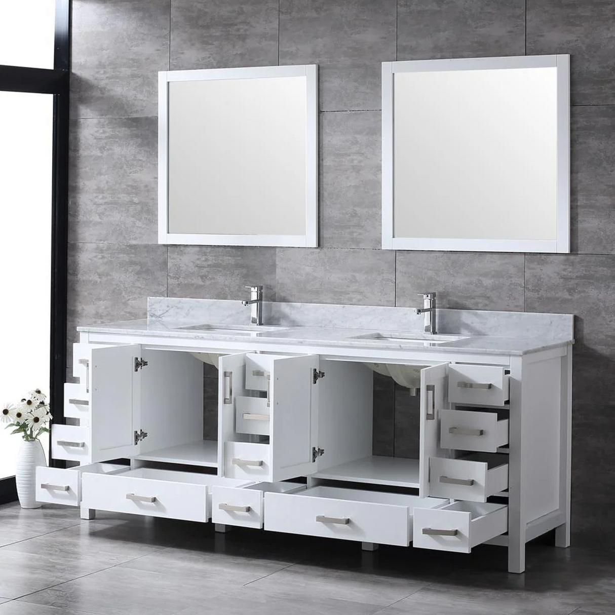 Jacques 84 In. Freestanding White Bathroom Vanity With Double Undermount Ceramic Sink, White Carrara Marble Top