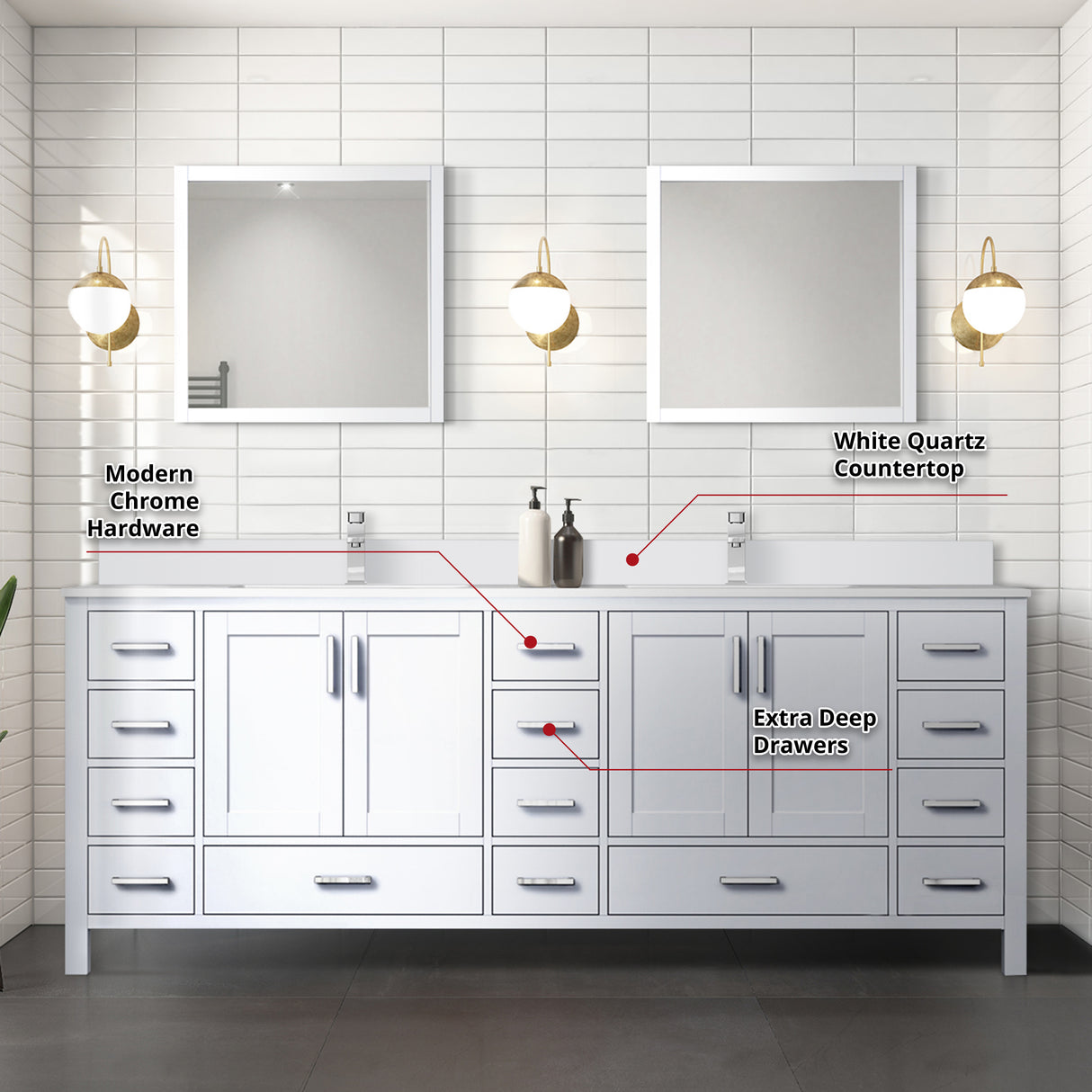 Jacques 84 in. Freestanding Bathroom Vanity with White Quartz Top, White Square Sink