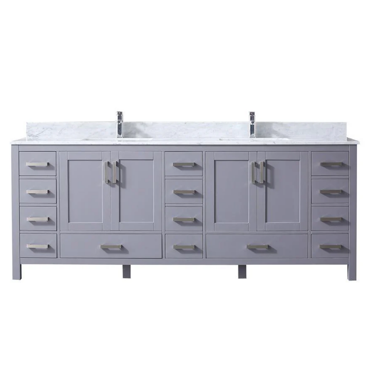 Jacques 84 In. Freestanding Dark Grey Bathroom Vanity With Double Undermount Ceramic Sink, White Carrara Marble Top