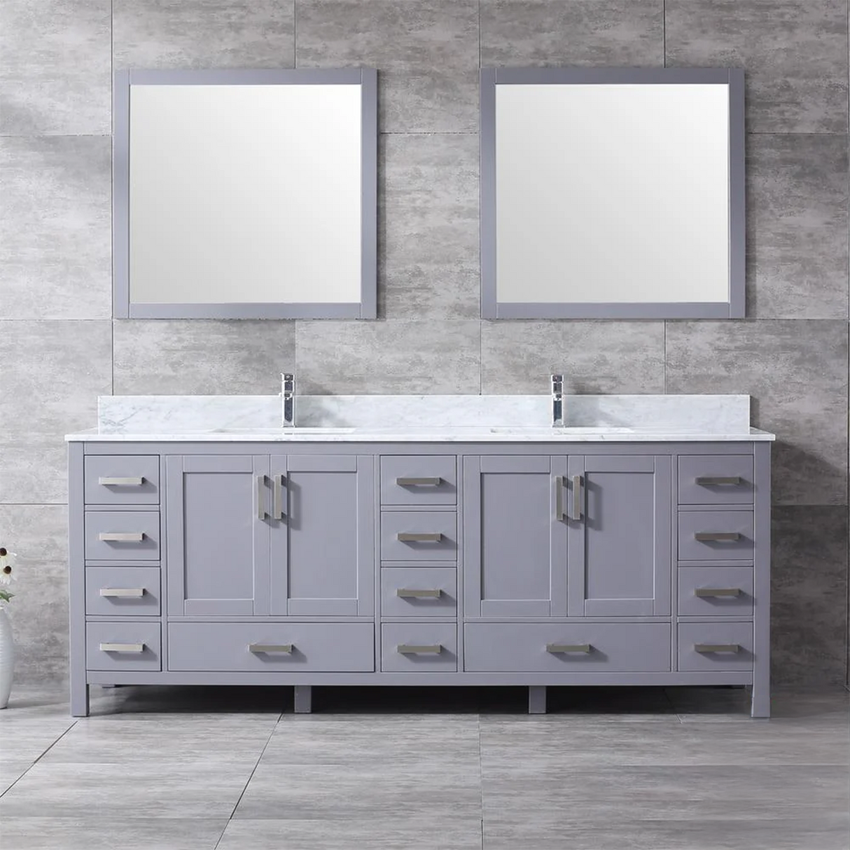 Jacques 84 In. Freestanding Dark Grey Bathroom Vanity With Double Undermount Ceramic Sink, White Carrara Marble Top