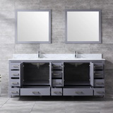 Jacques 84 In. Freestanding Dark Grey Bathroom Vanity With Double Undermount Ceramic Sink, White Carrara Marble Top