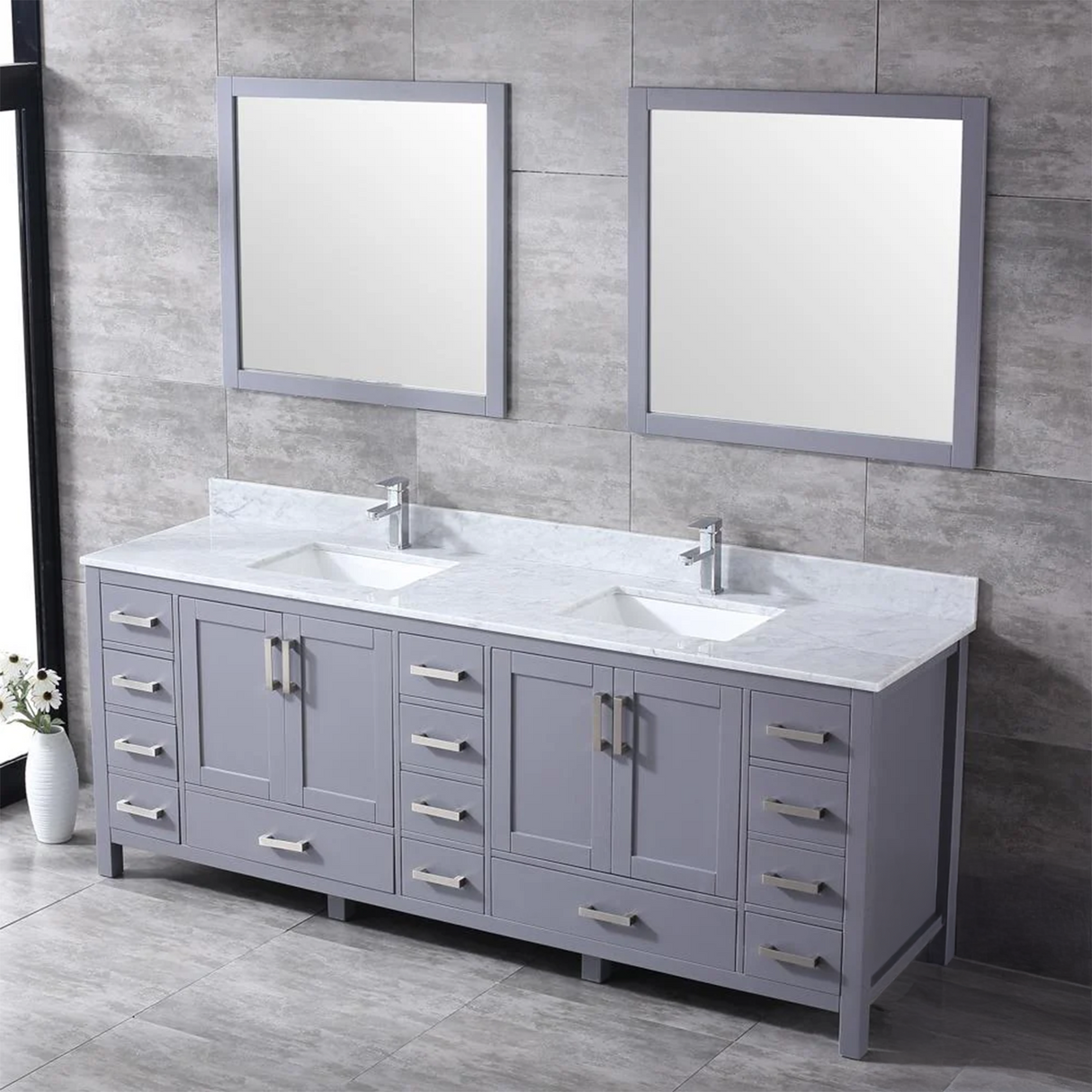 Jacques 84 In. Freestanding Dark Grey Bathroom Vanity With Double Undermount Ceramic Sink, White Carrara Marble Top