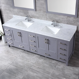 Jacques 84 In. Freestanding Dark Grey Bathroom Vanity With Double Undermount Ceramic Sink, White Carrara Marble Top