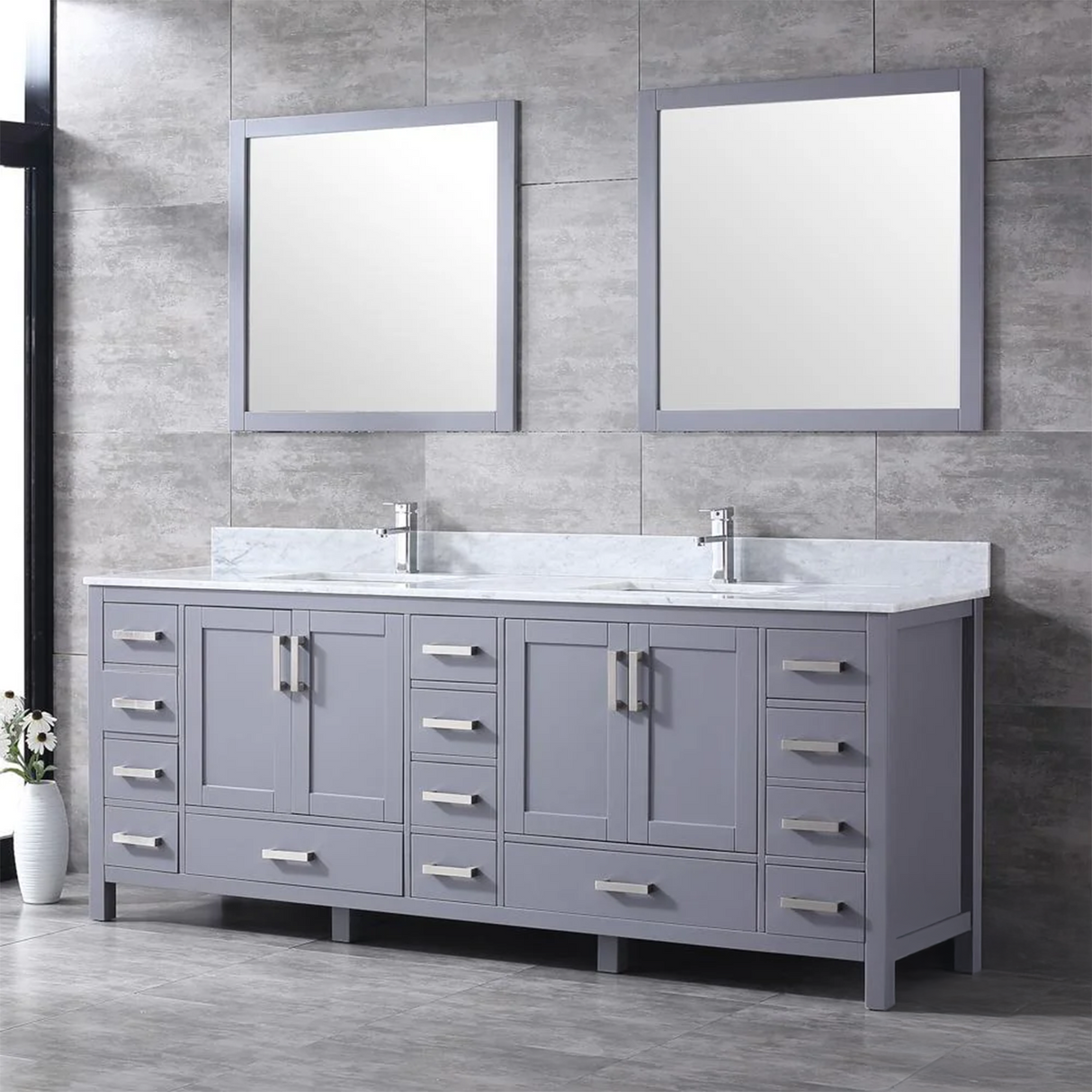 Jacques 84 In. Freestanding Dark Grey Bathroom Vanity With Double Undermount Ceramic Sink, White Carrara Marble Top