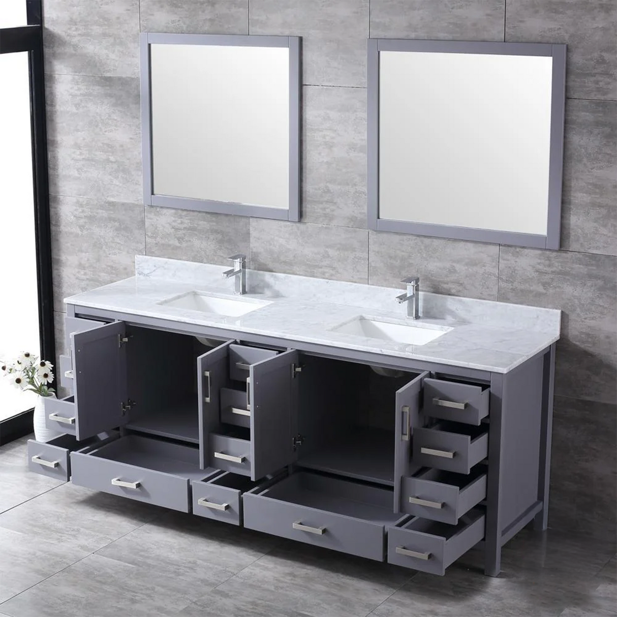 Jacques 84 In. Freestanding Dark Grey Bathroom Vanity With Double Undermount Ceramic Sink, White Carrara Marble Top