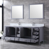 Jacques 84 In. Freestanding Dark Grey Bathroom Vanity With Double Undermount Ceramic Sink, White Carrara Marble Top