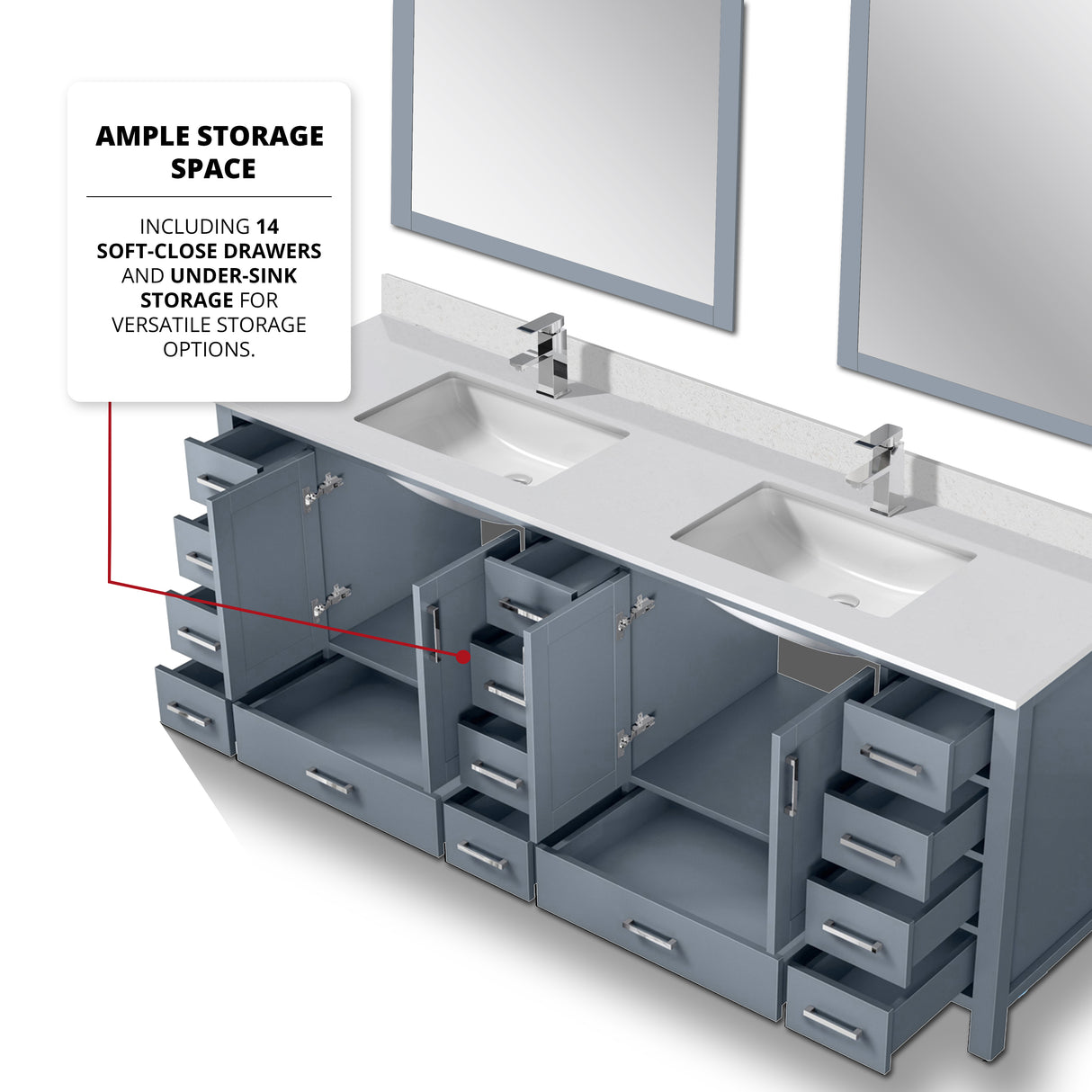 Jacques 84" Dark Grey Double Vanity, White Quartz Top, White Square Sinks and 34" Mirrors