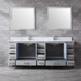 Jacques 84" Distressed Grey Double Vanity, White Carrara Marble Top, White Square Sinks and no Mirror