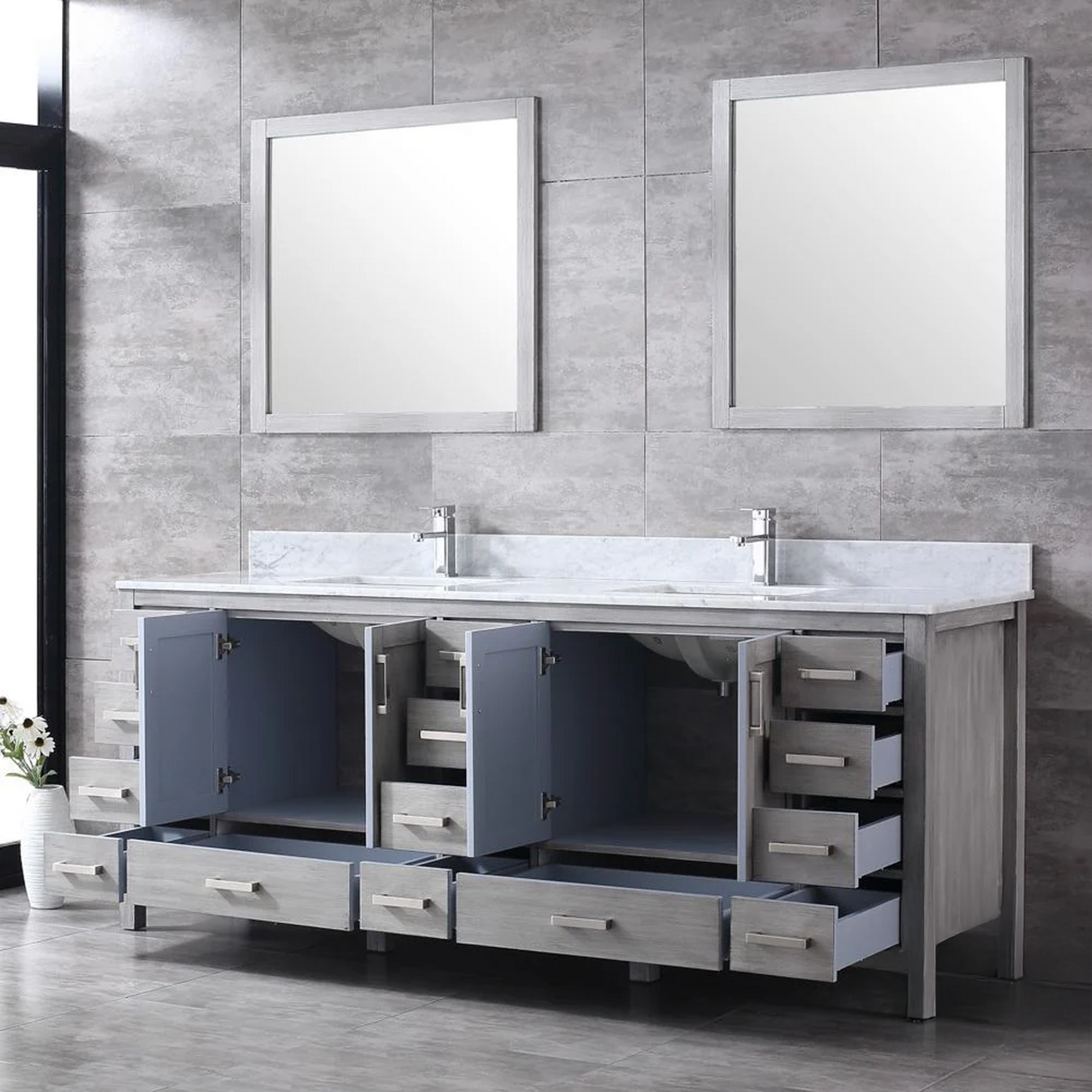 Jacques 84" Distressed Grey Double Vanity, White Carrara Marble Top, White Square Sinks and no Mirror