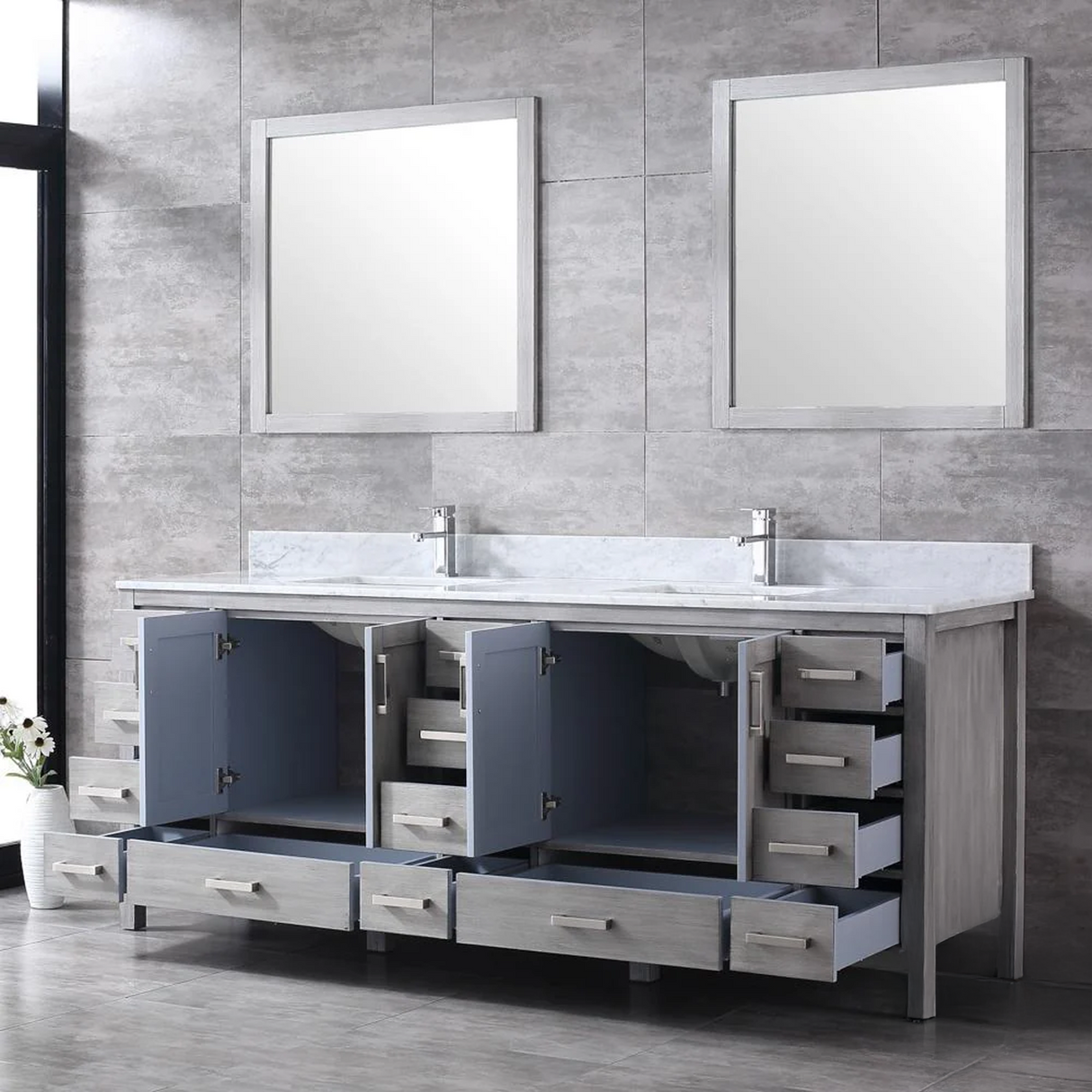 Jacques Distressed Grey Freestanding Bathroom Vanity with White Carrara Marble Top, White Square Sink