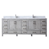 Jacques 84" Distressed Grey Double Vanity, White Carrara Marble Top, White Square Sinks and no Mirror