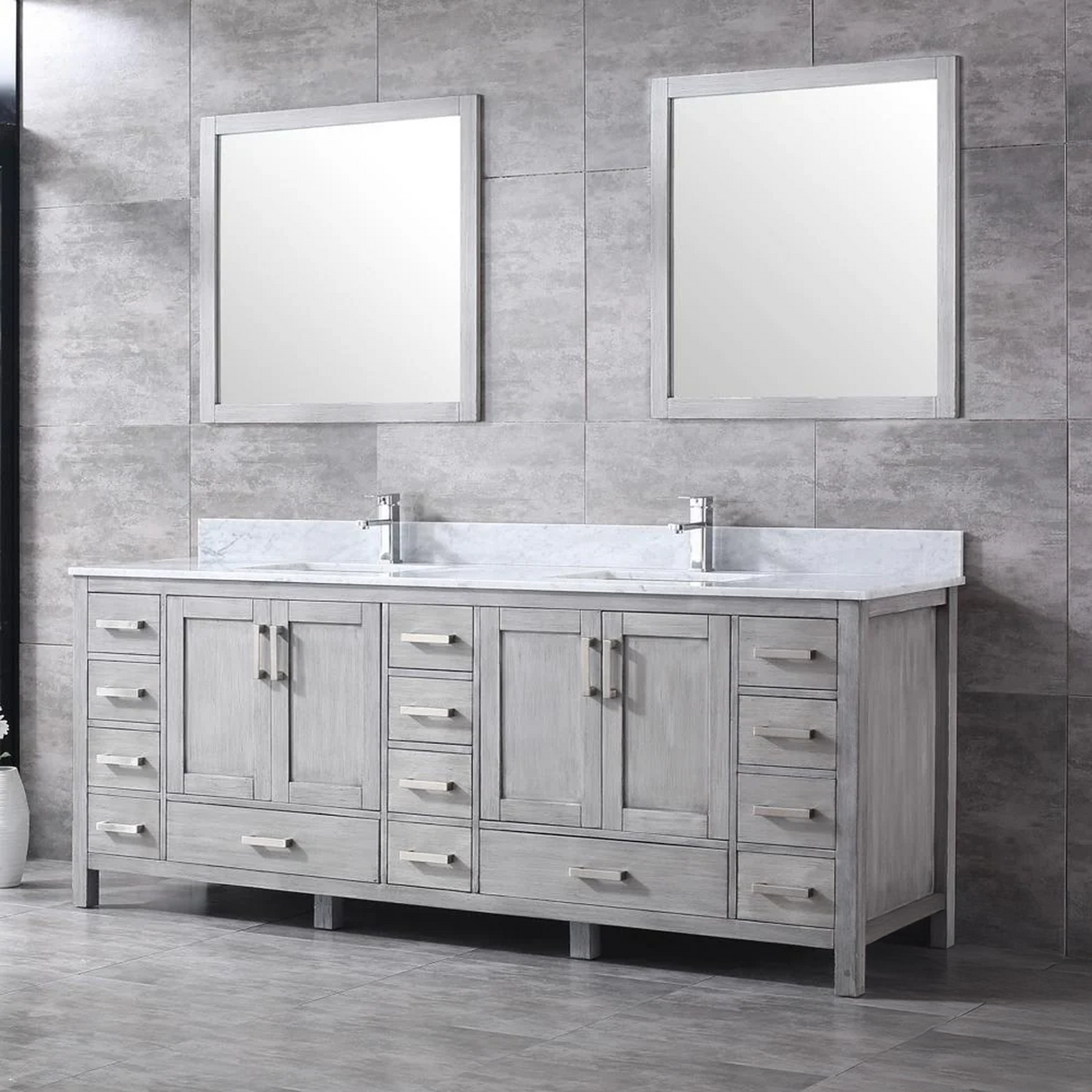 Jacques 84" Distressed Grey Double Vanity, White Carrara Marble Top, White Square Sinks and no Mirror