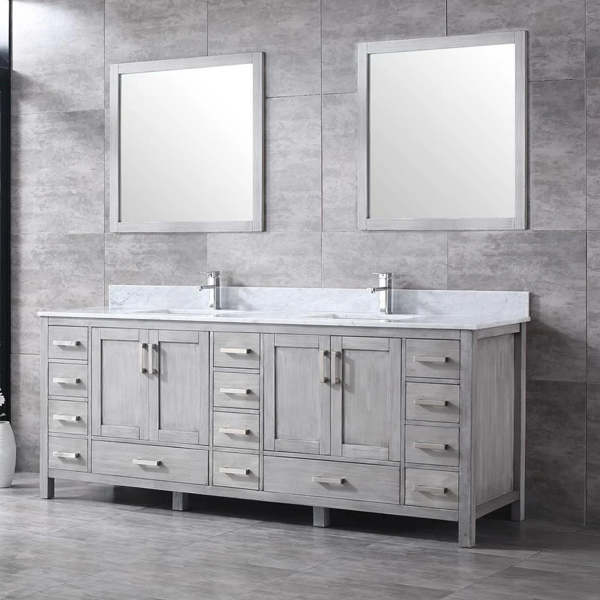 Jacques Distressed Grey Freestanding Bathroom Vanity with White Carrara Marble Top, White Square Sink