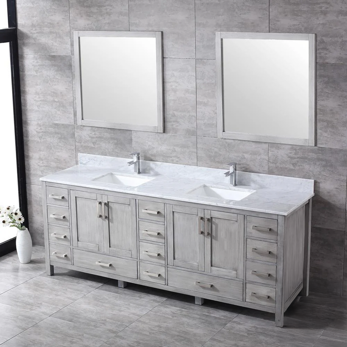 Jacques 84" Distressed Grey Double Vanity, White Carrara Marble Top, White Square Sinks and no Mirror