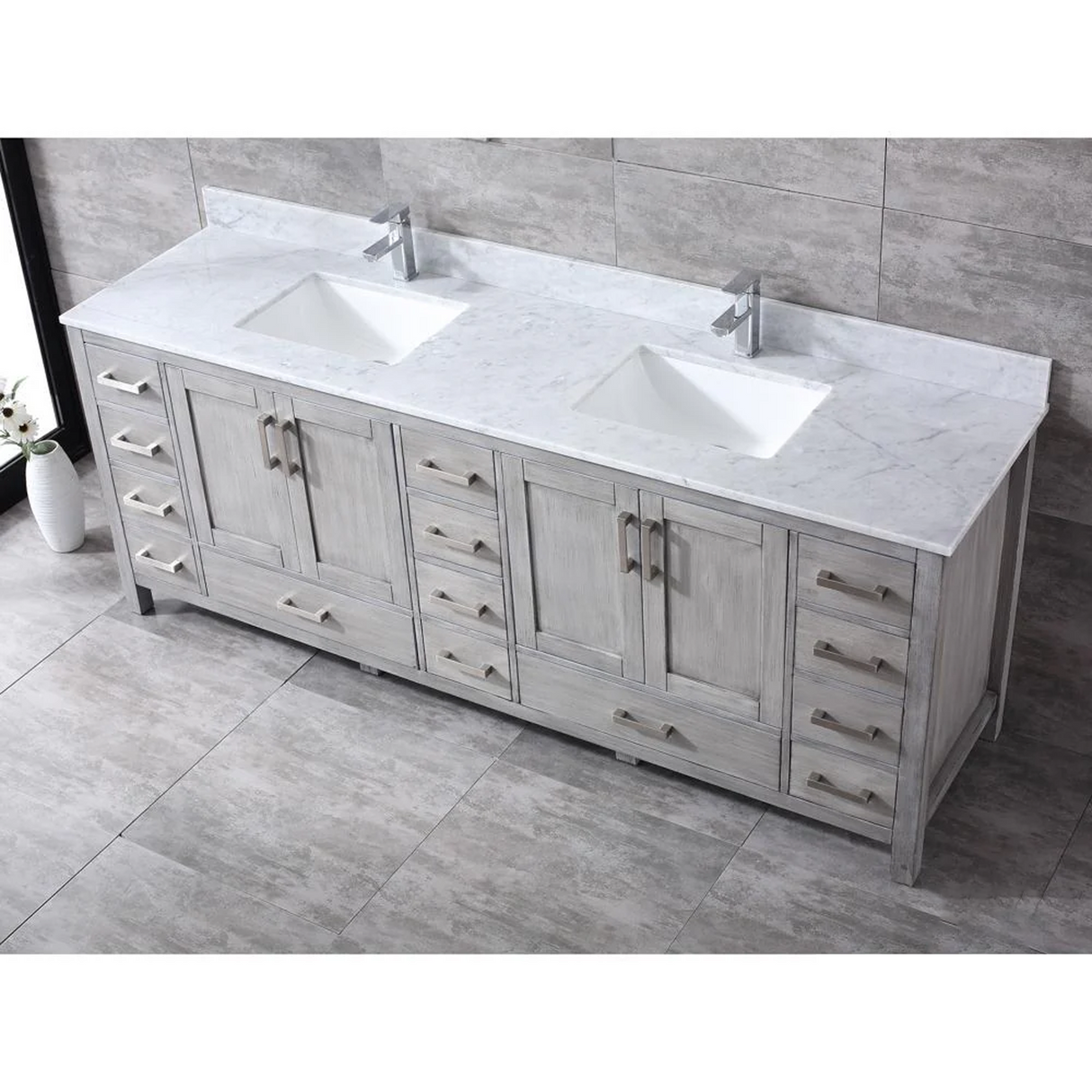 Jacques 84" Distressed Grey Double Vanity, White Carrara Marble Top, White Square Sinks and no Mirror