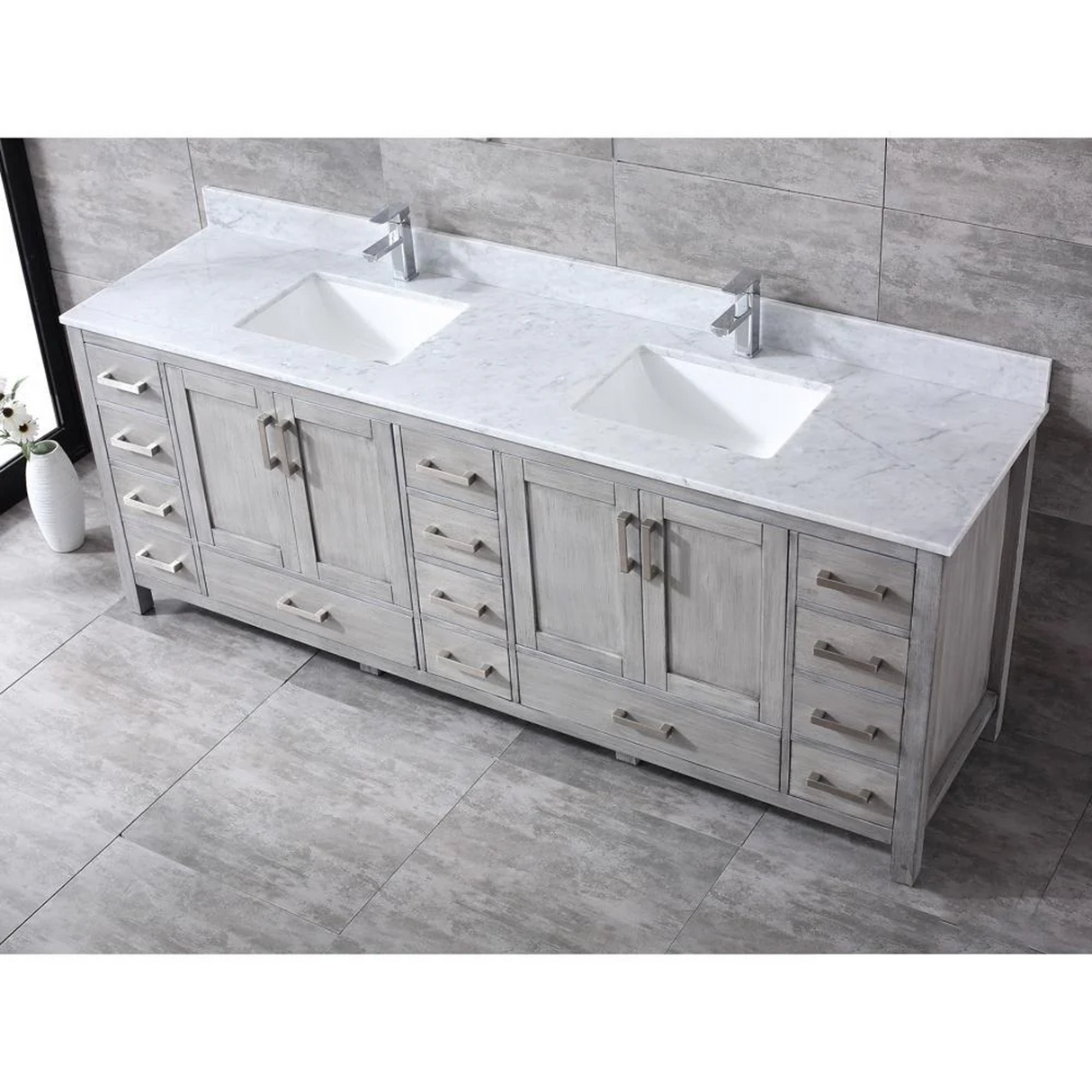 Jacques Distressed Grey Freestanding Bathroom Vanity with White Carrara Marble Top, White Square Sink