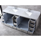 Jacques 84" Distressed Grey Double Vanity, White Carrara Marble Top, White Square Sinks and no Mirror