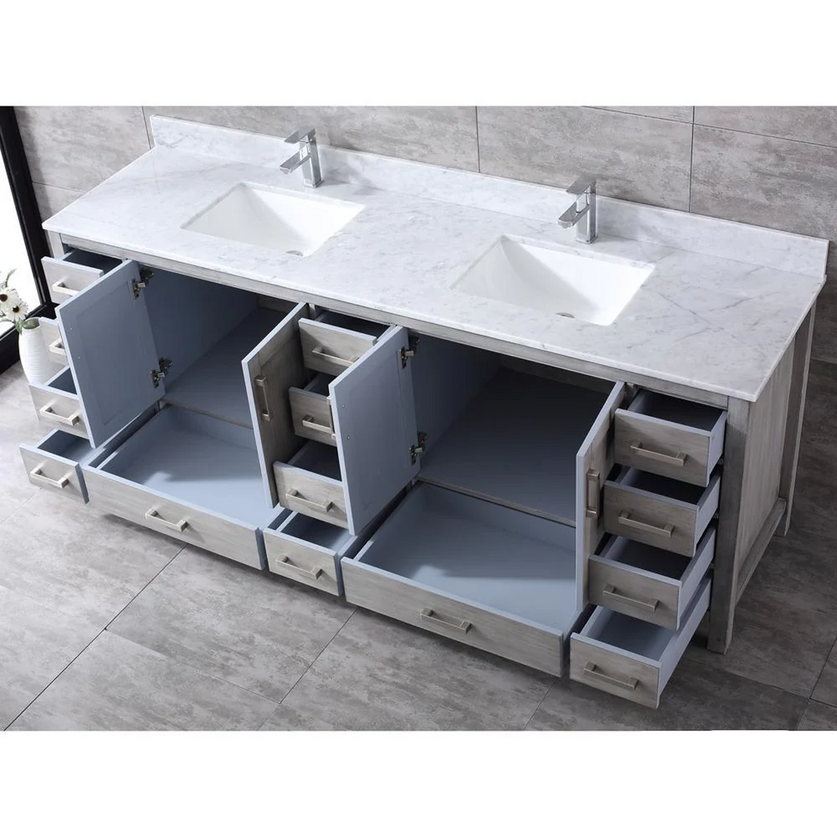 Jacques Distressed Grey Freestanding Bathroom Vanity with White Carrara Marble Top, White Square Sink