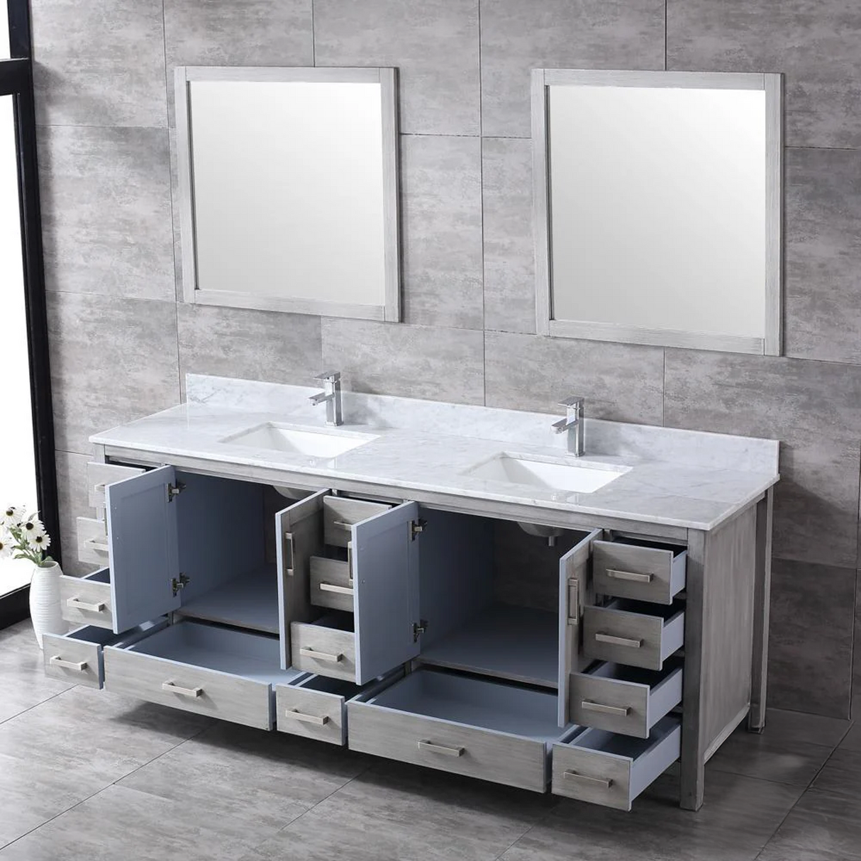 Jacques 84" Distressed Grey Double Vanity, White Carrara Marble Top, White Square Sinks and no Mirror