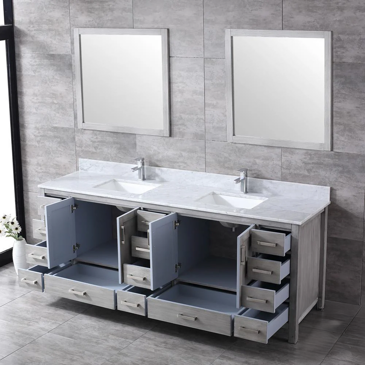 Jacques Distressed Grey Freestanding Bathroom Vanity with White Carrara Marble Top, White Square Sink