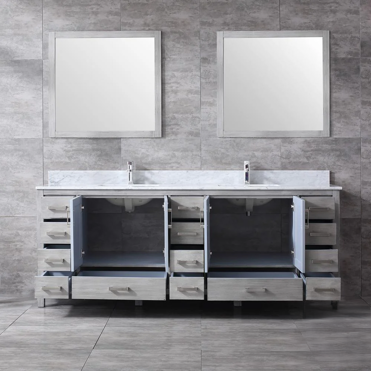 Jacques Distressed Grey Freestanding Bathroom Vanity with White Carrara Marble Top, White Square Sink