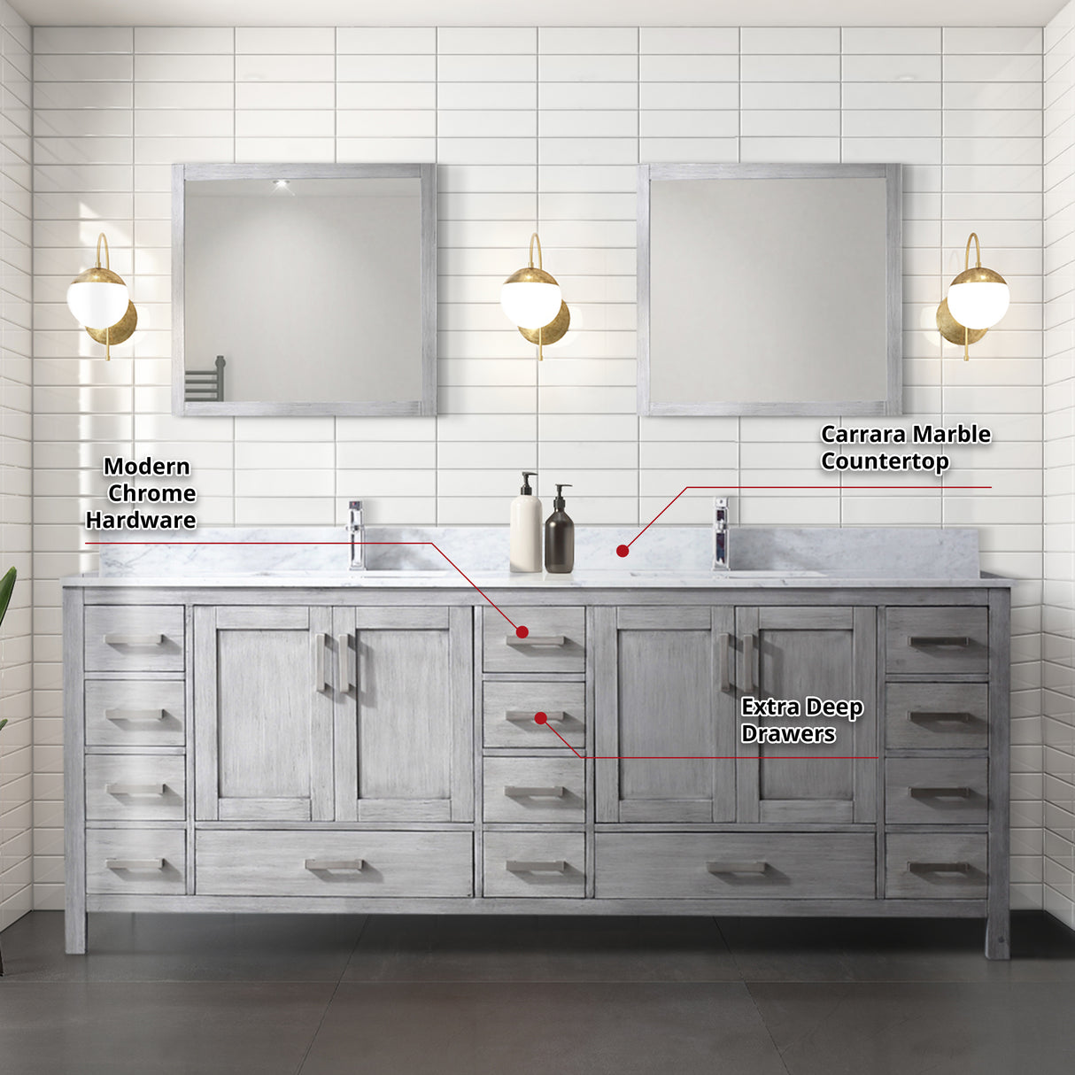 Jacques 84 in. Bathroom Freestanding Bathroom Vanity With Undermount Ceramic Sink, White Carrara Marble