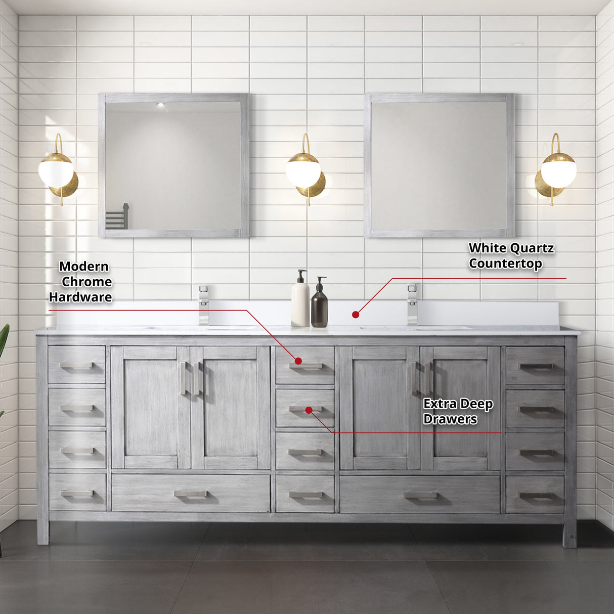Jacques Distressed Grey Freestanding Bathroom Vanity with White Quartz Top, White Square Sink