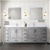 Jacques 84" Distressed Grey Double Vanity, White Quartz Top, White Square Sinks and 34" Mirrors