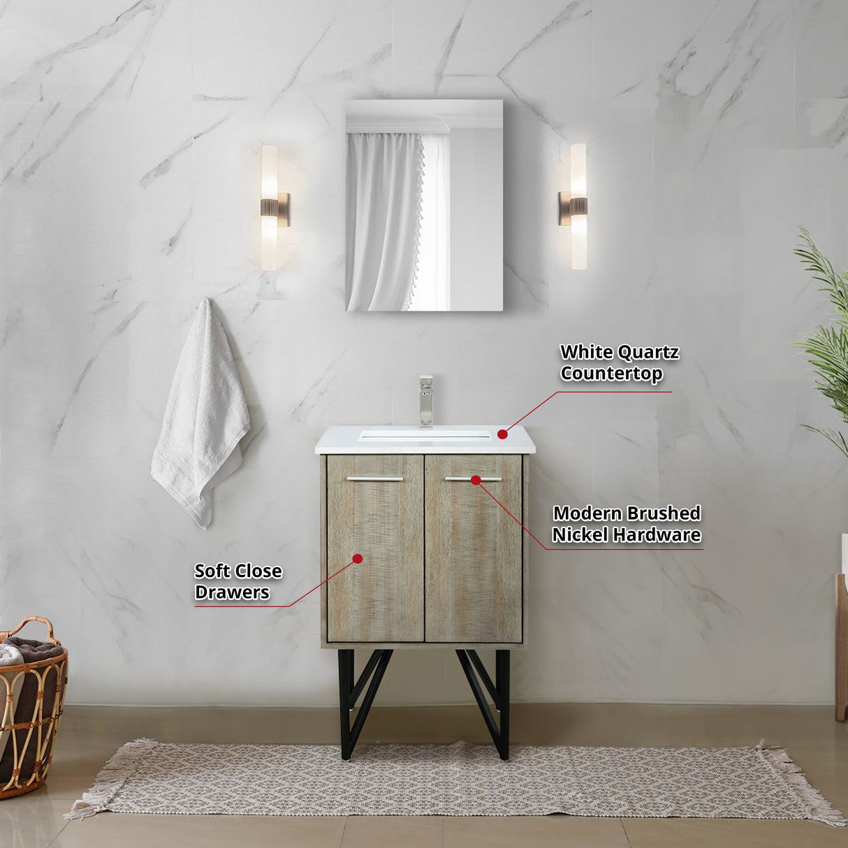 Lancy Rustic Acacia Freestanding Bathroom Vanity with White Quartz Top, and White Square Sink