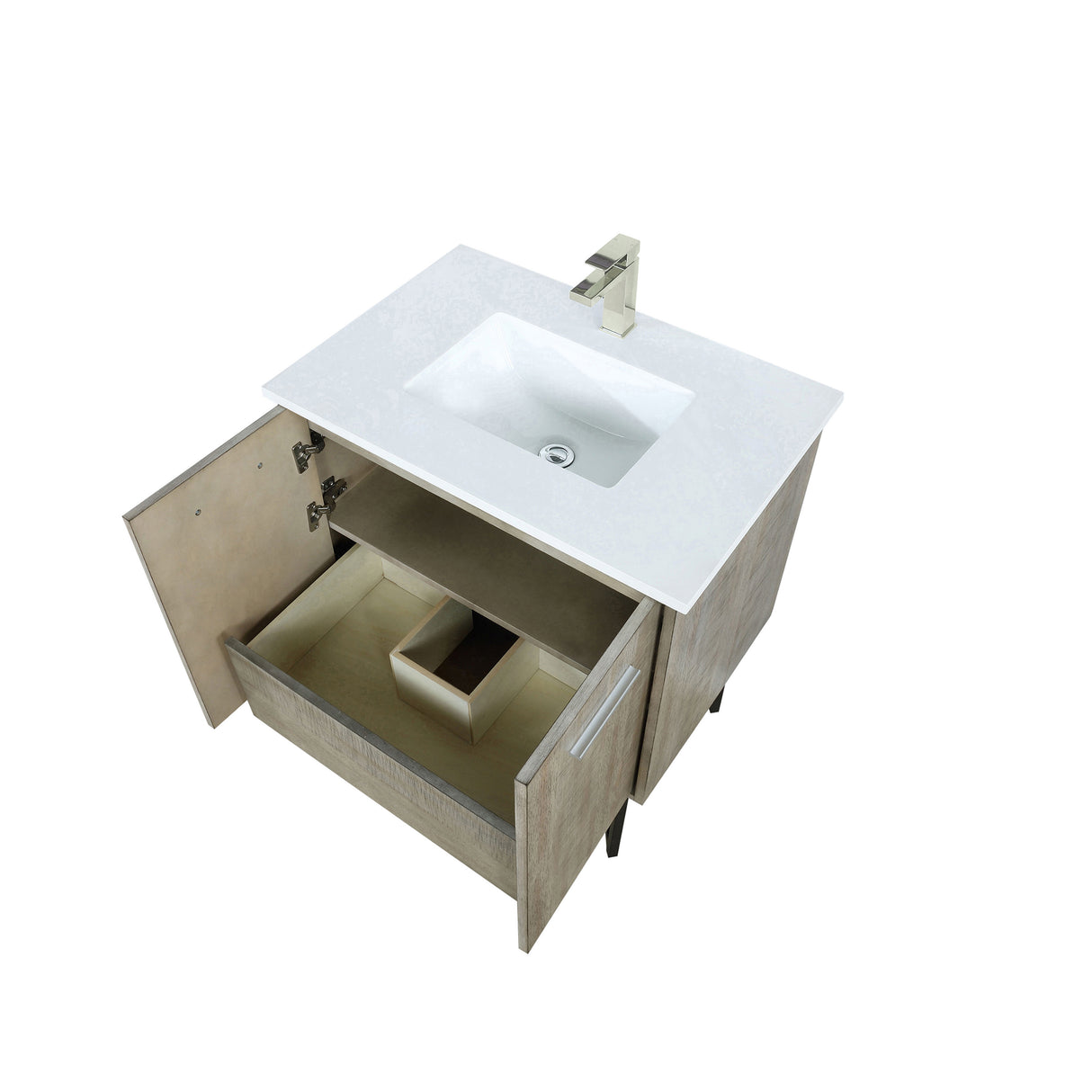 Lancy 30 in. Rustic Acacia  Freestanding Bathroom Vanity with White Quartz Top, White Square Sink, and Labaro Brushed Nickel Faucet Set