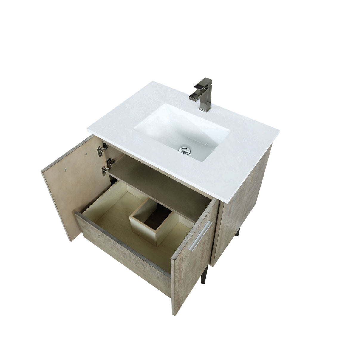 Lancy 30 in. Rustic Acacia  Freestanding Bathroom Vanity with White Quartz Top, White Square Sink, and Balzani Gun Metal Faucet Set