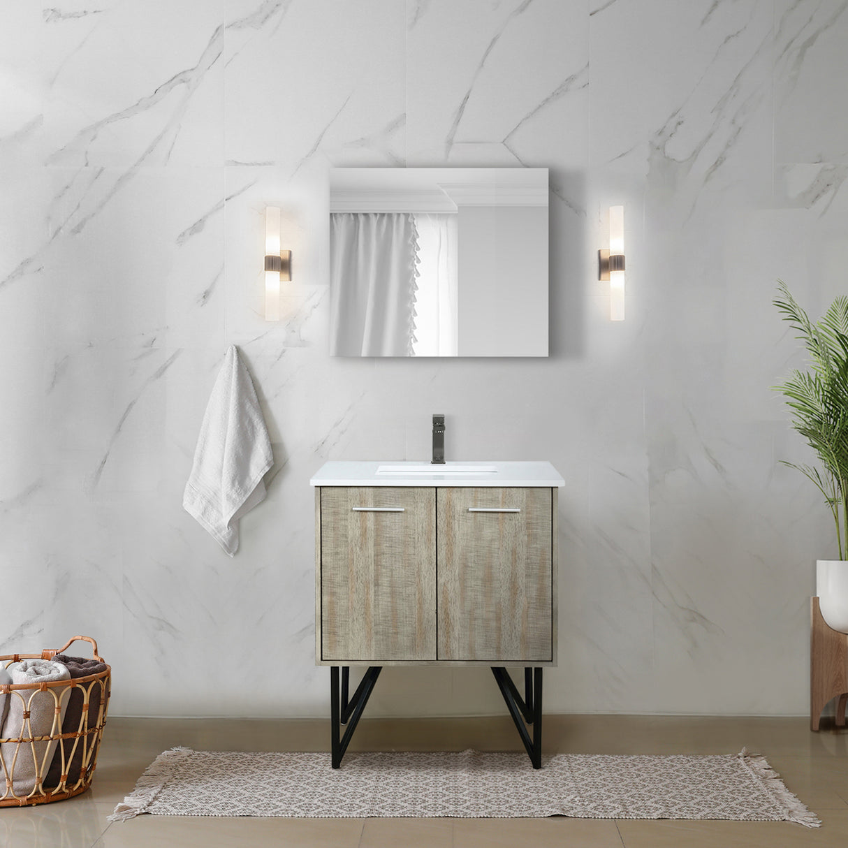 Lancy 30 in. Rustic Acacia  Freestanding Bathroom Vanity with White Quartz Top, White Square Sink, and Balzani Gun Metal Faucet Set