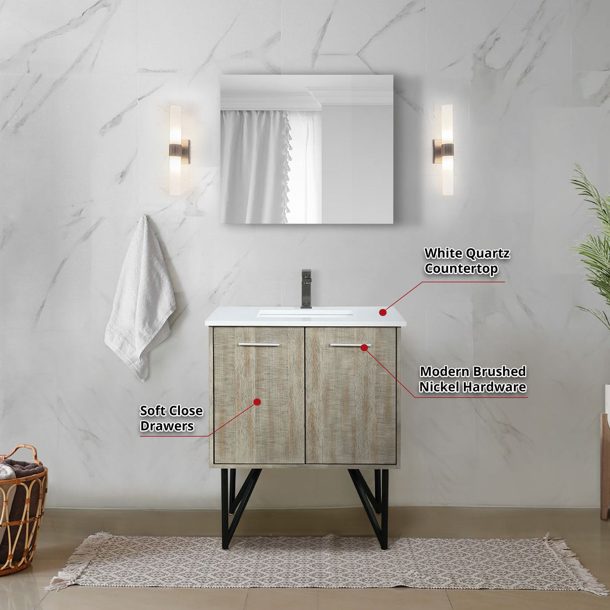 Lancy 30 in. Rustic Acacia  Freestanding Bathroom Vanity with White Quartz Top, White Square Sink, and Balzani Gun Metal Faucet Set