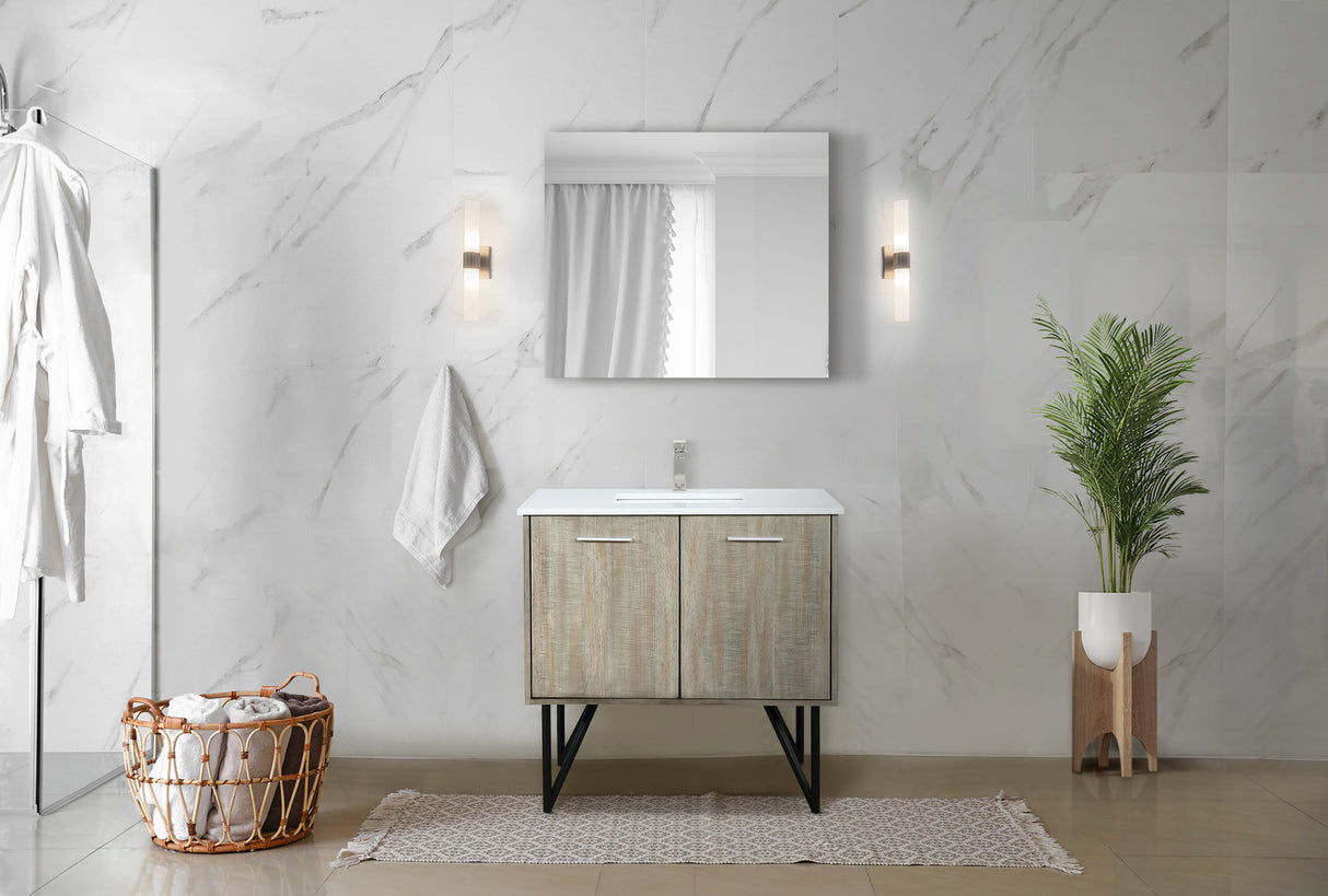 Lancy 36" Rustic Acacia Bathroom Vanity, White Quartz Top, White Square Sink, Labaro Brushed Nickel Faucet Set, and 28" Frameless Mirror