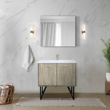 Lancy 36" Rustic Acacia Bathroom Vanity, White Quartz Top, White Square Sink, Labaro Brushed Nickel Faucet Set, and 28" Frameless Mirror