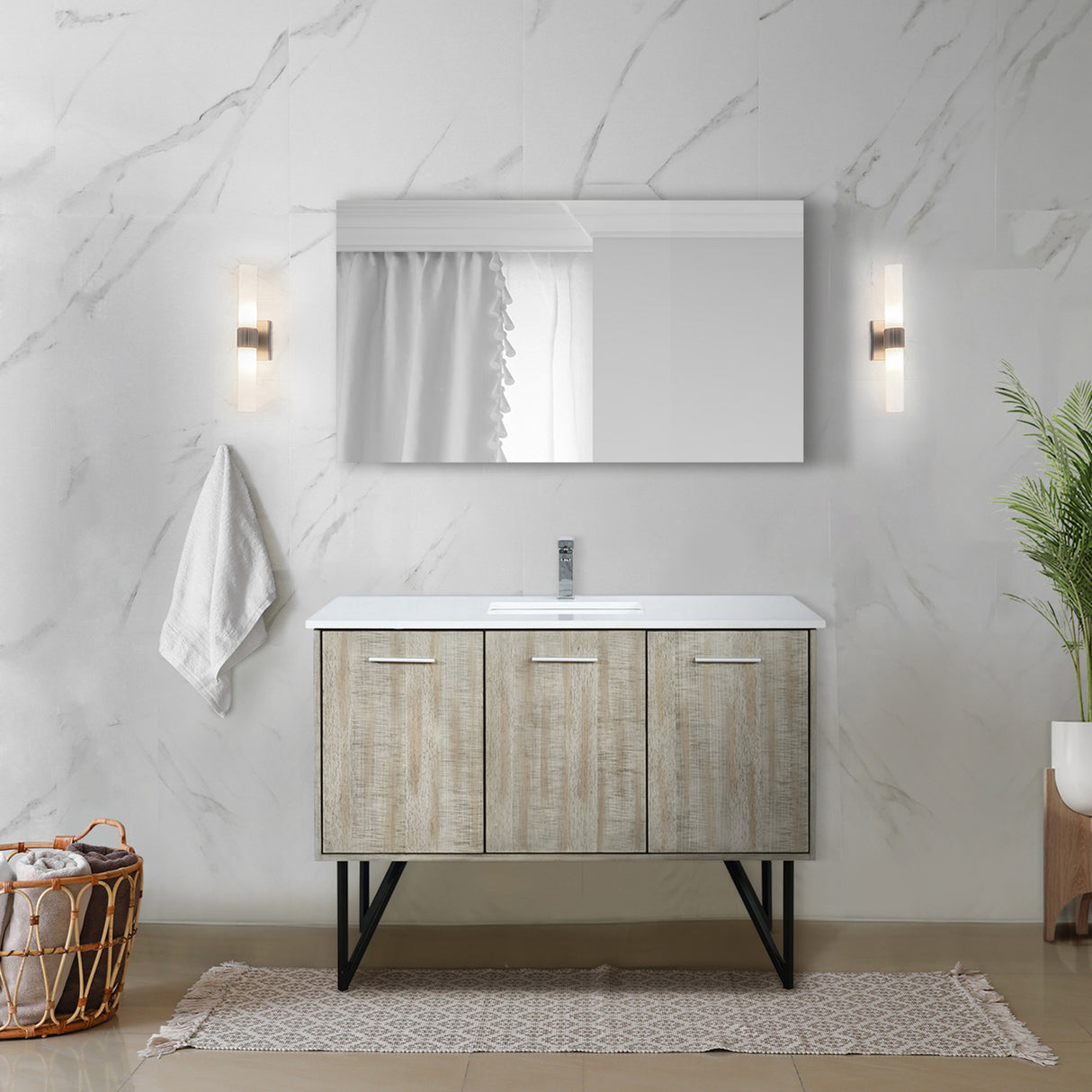 Lancy 48" Rustic Acacia Bathroom Vanity, White Quartz Top, White Square Sink, Monte Chrome Faucet Set, and 43" Frameless Mirror