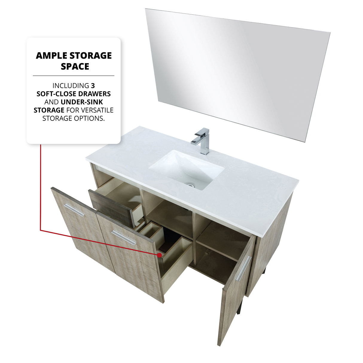 Lancy 48" Rustic Acacia Bathroom Vanity, White Quartz Top, White Square Sink, Monte Chrome Faucet Set, and 43" Frameless Mirror