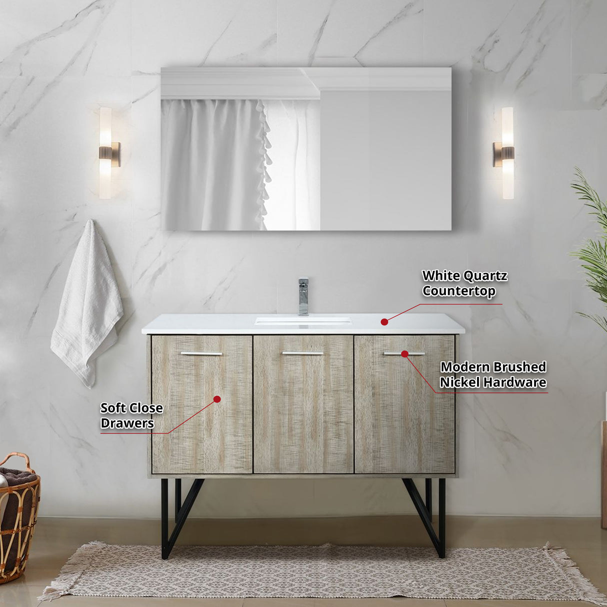 Lancy 48" Rustic Acacia Bathroom Vanity, White Quartz Top, White Square Sink, Monte Chrome Faucet Set, and 43" Frameless Mirror